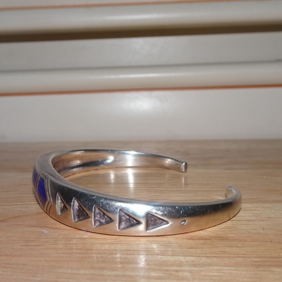 Native Lapis~Turquoise~Red Coral Sterling Bracelet - Picture 4 of 8